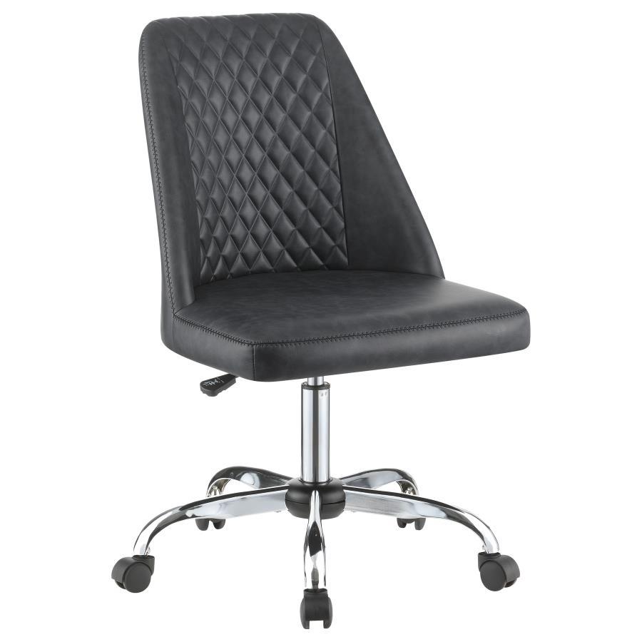 Pull this contemporary accent chair up to a workstation in your home office. Wrapped in a supple leatherette, this office chair features a bucket style seat with a diamond tufted backrest and a smooth cushion. Capable of getting around the office, this ch