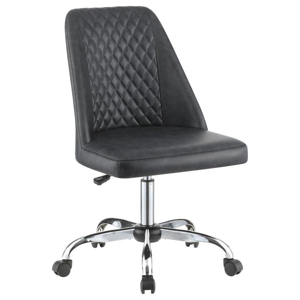 Pull this contemporary accent chair up to a workstation in your home office. Wrapped in a supple leatherette, this office chair features a bucket style seat with a diamond tufted backrest and a smooth cushion. Capable of getting around the office, this ch