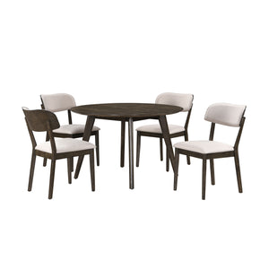 The Rex 5 Piece Mid-Century Modern Wood Dining Set in Walnut Brown is a perfect choice for small space dining. This set includes a round dining table and four chairs, all crafted from solid rubberwood, manufactured woods, and oak veneers, ensuring excepti