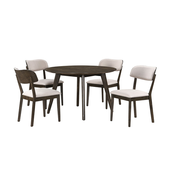 The Rex 5 Piece Mid-Century Modern Wood Dining Set in Walnut Brown is a perfect choice for small space dining. This set includes a round dining table and four chairs, all crafted from solid rubberwood, manufactured woods, and oak veneers, ensuring excepti