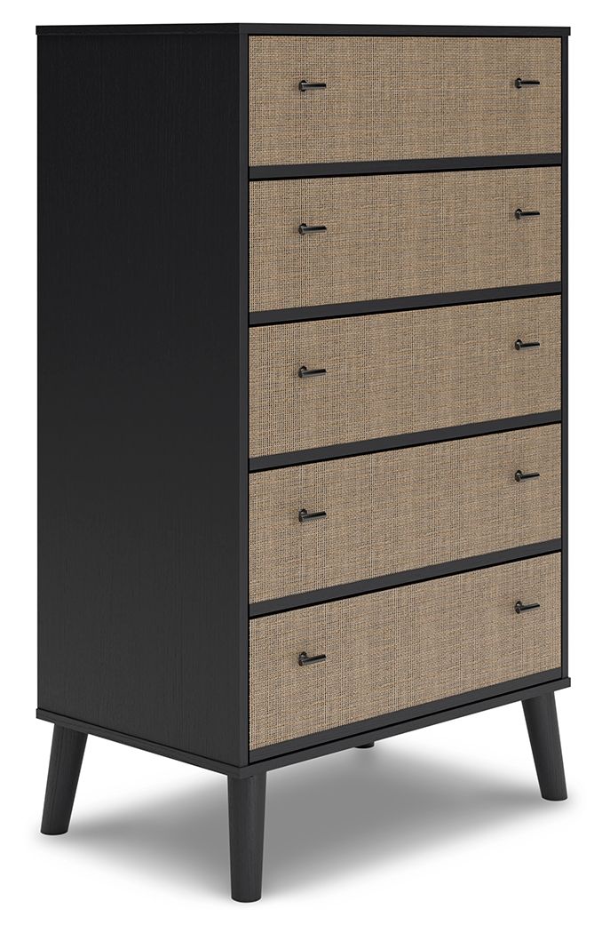Put a retro spin on current trends with this chest of drawers. Its mixed-material look of matte black and replicated beige cane brings a casually cool feel to your bedroom. Simple, sleek hardware and splay legs round out the urban meets mid-century vibe.<