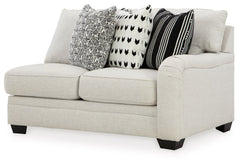 This right-arm facing loveseat is made with polyester/linen/viscose upholstery. Pairs with other items in the series to make a sectional.<br><br><b>Additional Dimensions</b><br><ul><li>Arm height: 27-"</li><li>Seat depth: 23-"</li><li>Seat height: 21-"</l