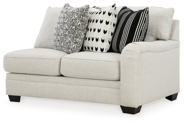 This right-arm facing loveseat is made with polyester/linen/viscose upholstery. Pairs with other items in the series to make a sectional.<br><br><b>Additional Dimensions</b><br><ul><li>Arm height: 27-"</li><li>Seat depth: 23-"</li><li>Seat height: 21-"</l
