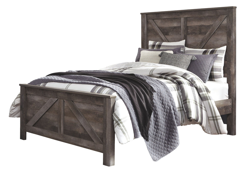 This queen crossbuck panel bed is sure to win your heart with its daring designer take on modern rustic. The bedâ€™s crisp, clean and minimalist-chic profile is enriched with a striking replicated oak grain with thick plank styling and a weathered gray fi