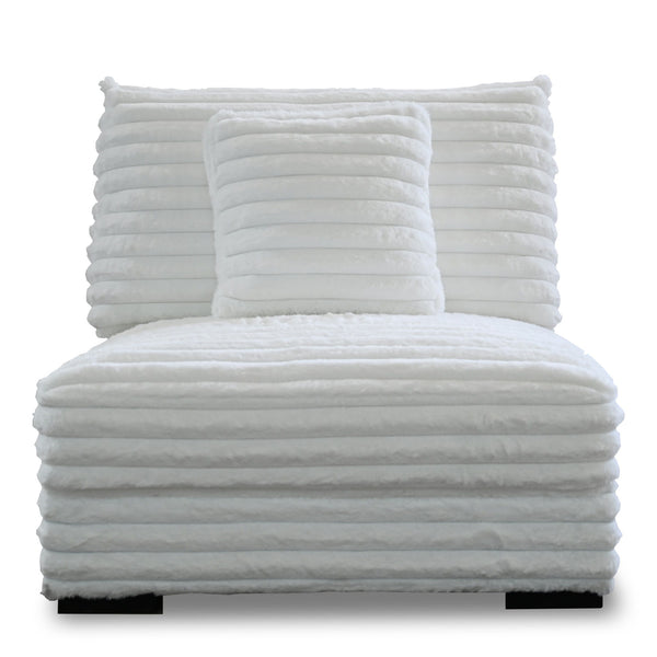 The Embrace Armless Chair with 1 Accent Pillow in white offers a perfect blend of comfort and style, enhancing any living space. Upholstered in 100% white polyester fabric with a fluffy, blanket-like texture, this chair is designed for ultimate relaxation
