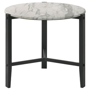  supporting a round top with a faux white marble-inspired finish. The high-pressure laminate surface has a te