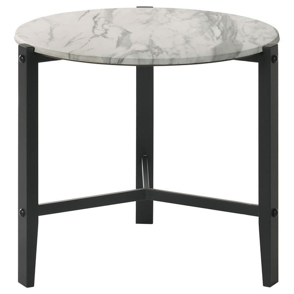  supporting a round top with a faux white marble-inspired finish. The high-pressure laminate surface has a te