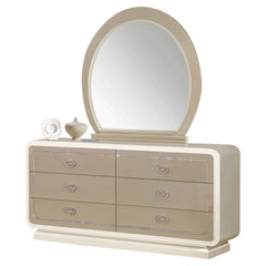 The design of this Allendale mirror takes it to a new dimension. The updated design is utilized to create a dramatic looking, blending the new trend with a high gloss finish. Its oval shape further complements the headboard of the matching bed and handles