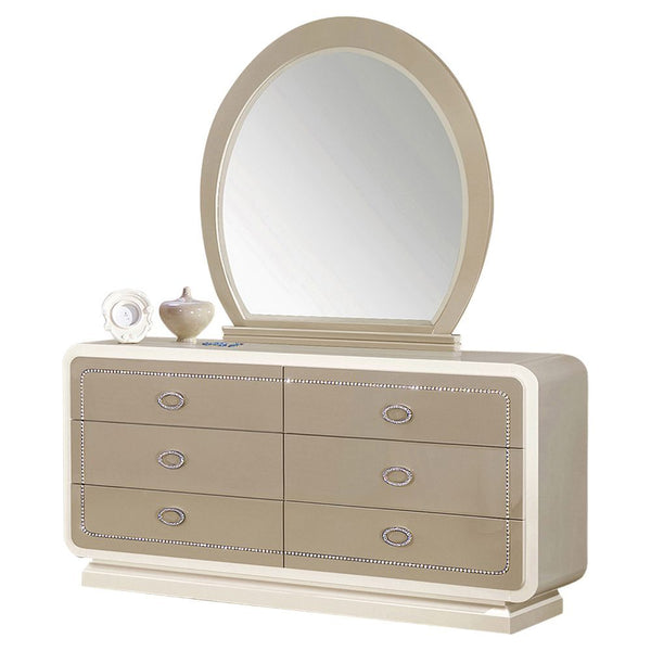 The design of this Allendale mirror takes it to a new dimension. The updated design is utilized to create a dramatic looking, blending the new trend with a high gloss finish. Its oval shape further complements the headboard of the matching bed and handles