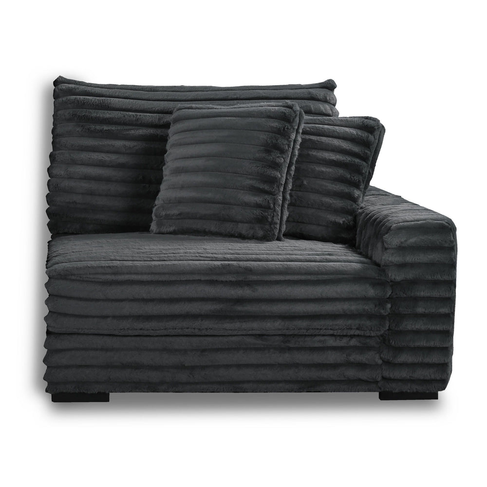 The Embrace Right Arm Facing Chair with 2 Accent Pillows in charcoal gray is a sophisticated and comfortable addition to your sectional arrangement. Featuring 100% charcoal gray polyester fabric with a fluffy, blanket-like texture, this chair promises ult