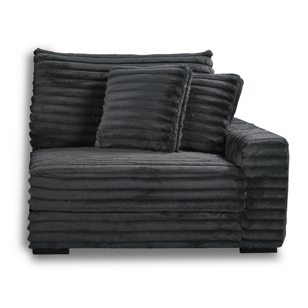The Embrace Right Arm Facing Chair with 2 Accent Pillows in charcoal gray is a sophisticated and comfortable addition to your sectional arrangement. Featuring 100% charcoal gray polyester fabric with a fluffy, blanket-like texture, this chair promises ult