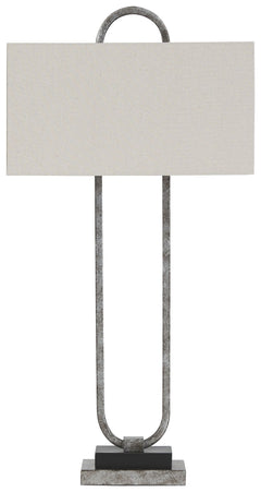 This table lamp, with its open, geometric design, draws the eye and is visually stunning. The antiqued silver metal body with rectangular hardback shade completes the look. This table lamp is sure to be a showpiece wherever you use it.<br><br><b>Additiona