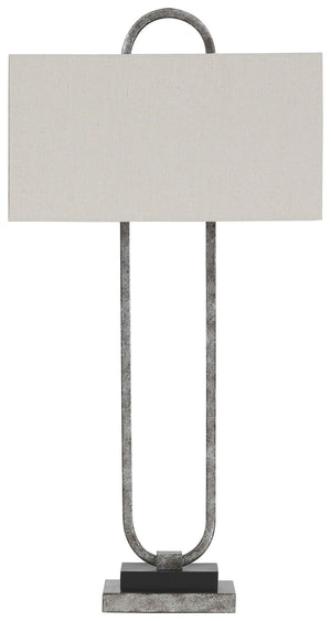 This table lamp, with its open, geometric design, draws the eye and is visually stunning. The antiqued silver metal body with rectangular hardback shade completes the look. This table lamp is sure to be a showpiece wherever you use it.<br><br><b>Additiona