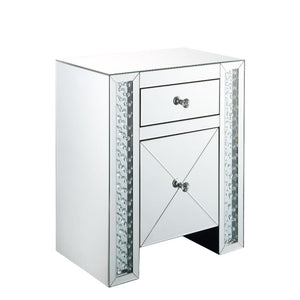 Assambled, Rectangular Night Table Beveled Mirrored Finish, Clear Glass with Faux Crystal Inlay (Back Unfinished) Orientation: Free Standing Storage: 1 Drw, 1 Door - NO Shelf Inside (Open Base) CONSTRUCTION Mirrored Case-Frame & Drw: Mirror, MDF (Fixed To