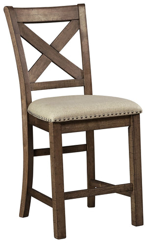 This upholstered bar stool might be simple at first sight, but a closer look reveals beauty in the details. With a distressed nutmeg finish, antiqued nailhead trim and textured polyester upholstery, it-'s beaming with charm. Cushioned seat ensures long, l