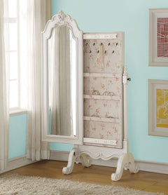 KD, Jewelry Armoire Cheval Style, Beveled Mirror: 25mm Sliding Mirror Door w/Scrolled Inlay Detail, Metal GLIDE Opening & Tilt Function Jewelry Storage: Necklace Hooks Scrolled Wooden Leg<br/><br/><b>Product Features</b><ul><li>Cheval Style Jewelry Armoir