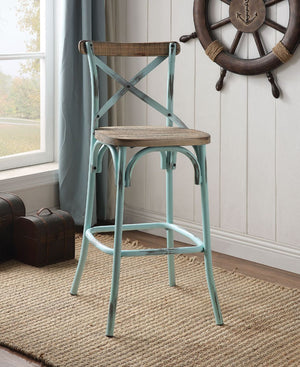 The Zaire collection chairs offer a vintage style bar chairs. It Features: reclaimed wood and metal looks, simple -"X-" style backrest, wooden seat, slightly flared four-legged base with footrest supports. Available in Antique Red, Antique Turquoise, Anti