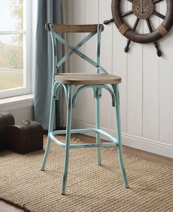 The Zaire collection chairs offer a vintage style bar chairs. It Features: reclaimed wood and metal looks, simple -"X-" style backrest, wooden seat, slightly flared four-legged base with footrest supports. Available in Antique Red, Antique Turquoise, Anti