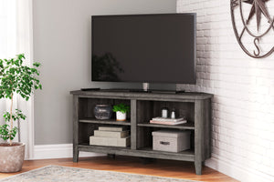 this corner TV stand is right in tune with your relaxed approach to high style. Beautifully shaped to nestle into any corner