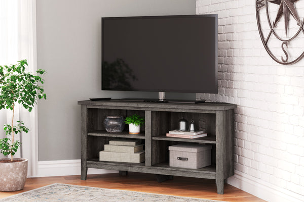  this corner TV stand is right in tune with your relaxed approach to high style. Beautifully shaped to nestle into any corner