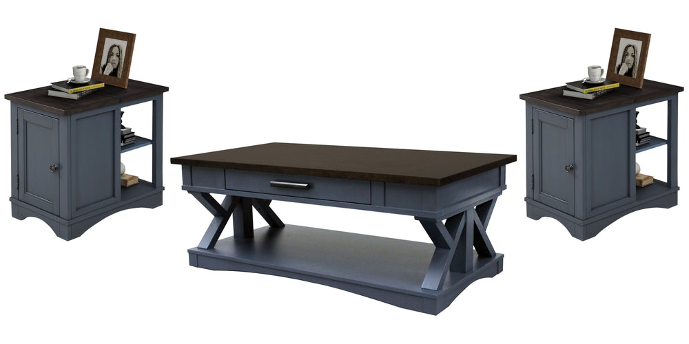 Destined to be the heart of any conversation area, the Americana Modern Cocktail Table is a must-have. Crafted in a denim finish, it features a contrasting wood-grain top in Sable. A lower open area is perfect for storage and display while a center drawer