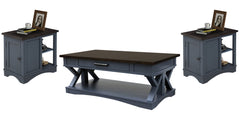 Destined to be the heart of any conversation area, the Americana Modern Cocktail Table is a must-have. Crafted in a denim finish, it features a contrasting wood-grain top in Sable. A lower open area is perfect for storage and display while a center drawer