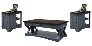 Destined to be the heart of any conversation area, the Americana Modern Cocktail Table is a must-have. Crafted in a denim finish, it features a contrasting wood-grain top in Sable. A lower open area is perfect for storage and display while a center drawer