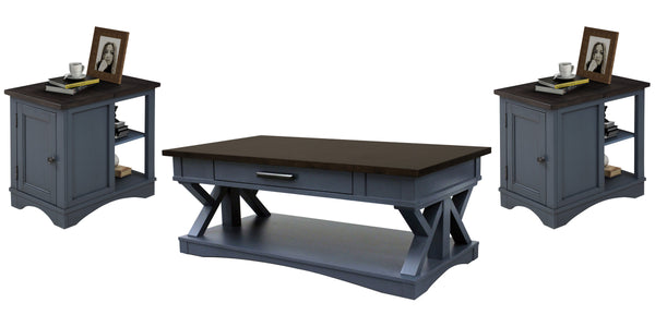 Destined to be the heart of any conversation area, the Americana Modern Cocktail Table is a must-have. Crafted in a denim finish, it features a contrasting wood-grain top in Sable. A lower open area is perfect for storage and display while a center drawer