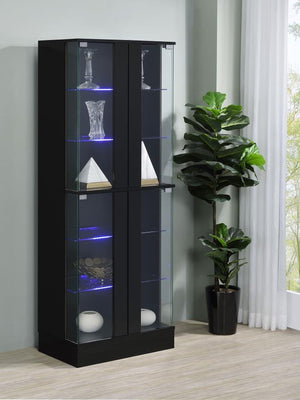  complemented by clear tempered glass doors that encase six tiers of