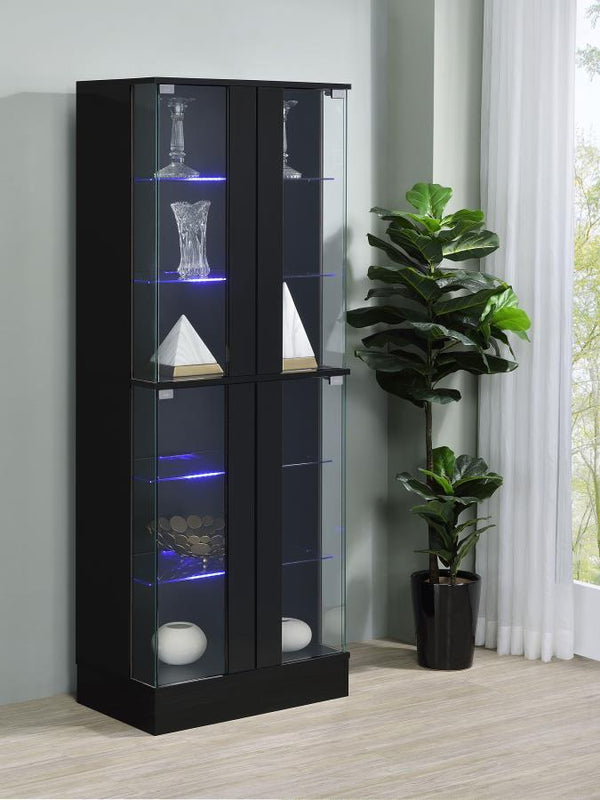  complemented by clear tempered glass doors that encase six tiers of