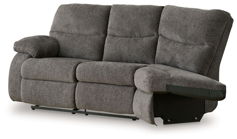 This left-arm facing reclining loveseat with half wedge is made with polyester upholstery. Pairs with other items in the series to make a sectional.<br><br><b>Additional Dimensions</b><br><ul><li>Arm height: 26-"</li><li>Seat depth: 22-"</li><li>Seat heig