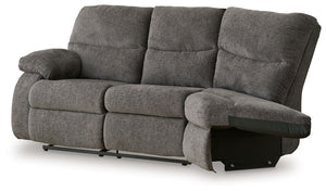 This left-arm facing reclining loveseat with half wedge is made with polyester upholstery. Pairs with other items in the series to make a sectional.<br><br><b>Additional Dimensions</b><br><ul><li>Arm height: 26-"</li><li>Seat depth: 22-"</li><li>Seat heig