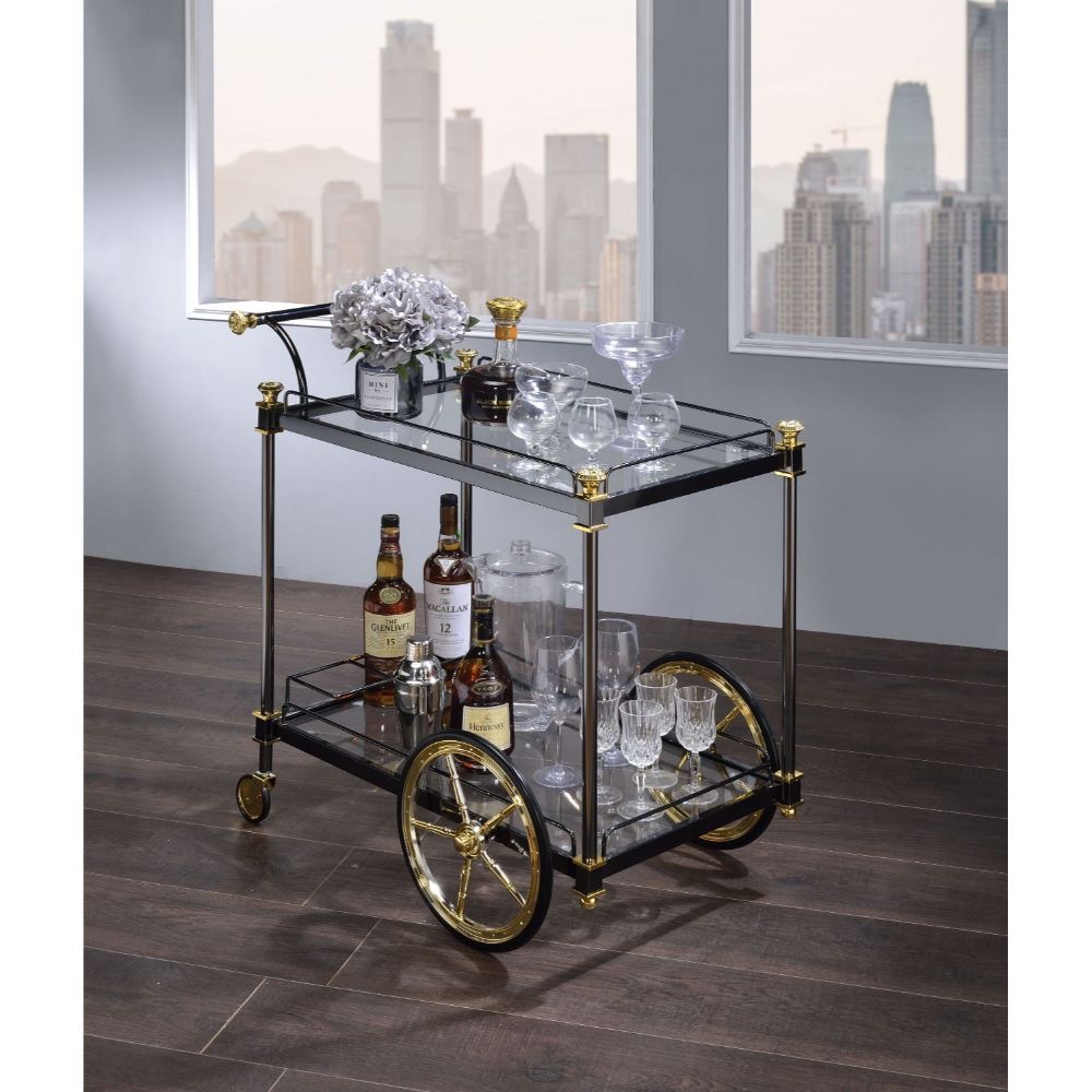 Serve meals fashionably with this lovely Cyrus serving cart. It pairs perfectly with clear tempered glass for a look of refined sophistication. Two tiers easily accommodate trays and entrees, while wheels and a metal handle make it simple to move this dai
