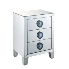 Assambled, Rectangular Night Table â€¢ Mirrored Finish: Beveled (Back Unfinished) â€¢ Orientation: Free Standing â€¢ Storage: 3 Drawers (Open Base) â€¢â€¢ CONSTRUCTION â€¢â€¢ Mirrored Case-Frame & Drw: Mirror, MDF (Fixed Top) â€¢ Mirrored Tapered Leg, Leg