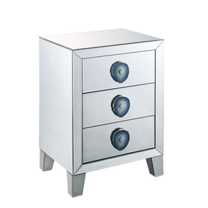 Assambled, Rectangular Night Table â€¢ Mirrored Finish: Beveled (Back Unfinished) â€¢ Orientation: Free Standing â€¢ Storage: 3 Drawers (Open Base) â€¢â€¢ CONSTRUCTION â€¢â€¢ Mirrored Case-Frame & Drw: Mirror, MDF (Fixed Top) â€¢ Mirrored Tapered Leg, Leg
