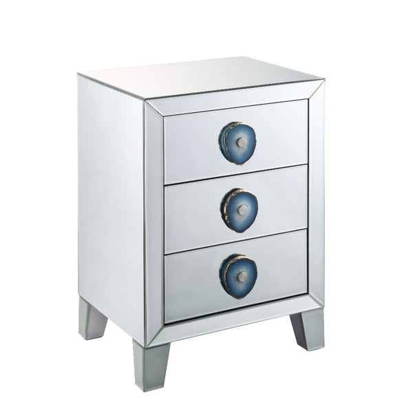Assambled, Rectangular Night Table â€¢ Mirrored Finish: Beveled (Back Unfinished) â€¢ Orientation: Free Standing â€¢ Storage: 3 Drawers (Open Base) â€¢â€¢ CONSTRUCTION â€¢â€¢ Mirrored Case-Frame & Drw: Mirror, MDF (Fixed Top) â€¢ Mirrored Tapered Leg, Leg