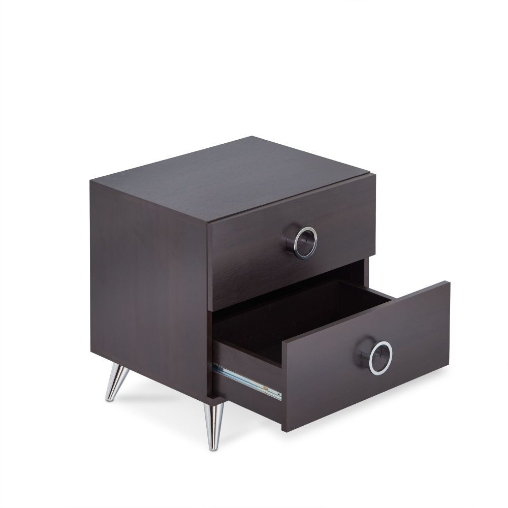 The Elms collection its classically beautiful and masterfully crafted, with contemporary style offers a timeless design that will last through the ages. The silver tapered legs and ring pulls pop against the espresso finish for a sophisticated, yet casual