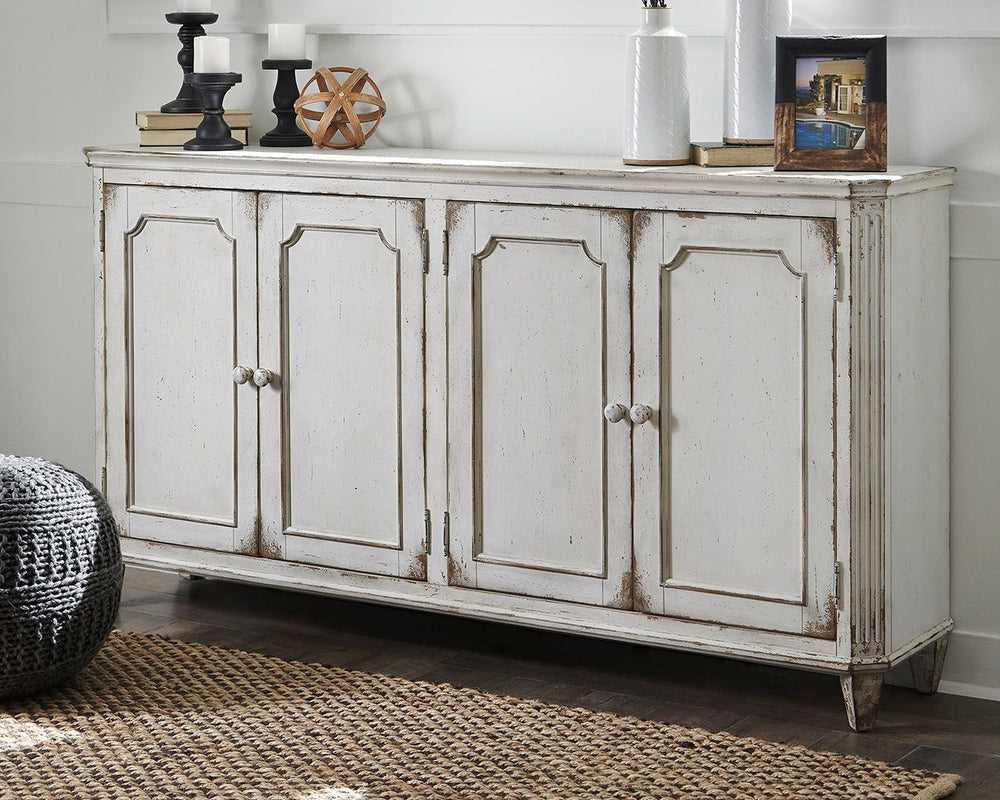With its distressed vintage paint finish, fluted details and French provincial mouldings, this exquisite cabinet is sure to grace your space in such a trÃ¨s chic way. Adjustable shelved storage is abundantly practical, be it in a dining room, living room 
