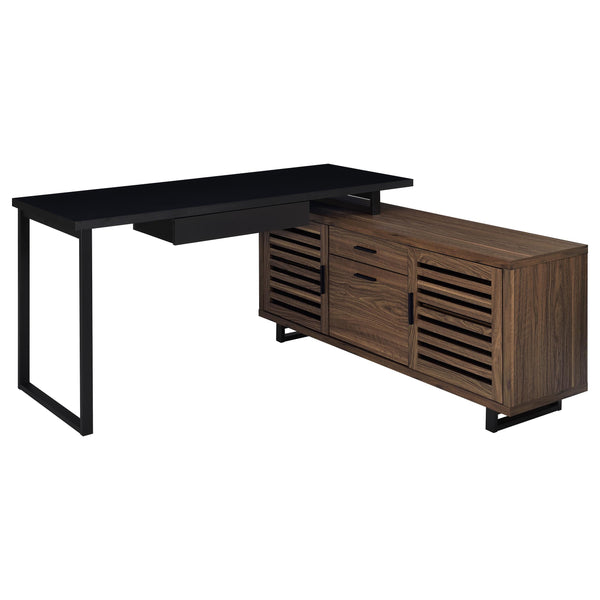 Create a custom workspace that maximizes both style and efficiency with this modern L-shaped executive desk. It features a high/low configuration, with a black finished workspace and drawer on one side and a storage credenza on the other. The credenza off