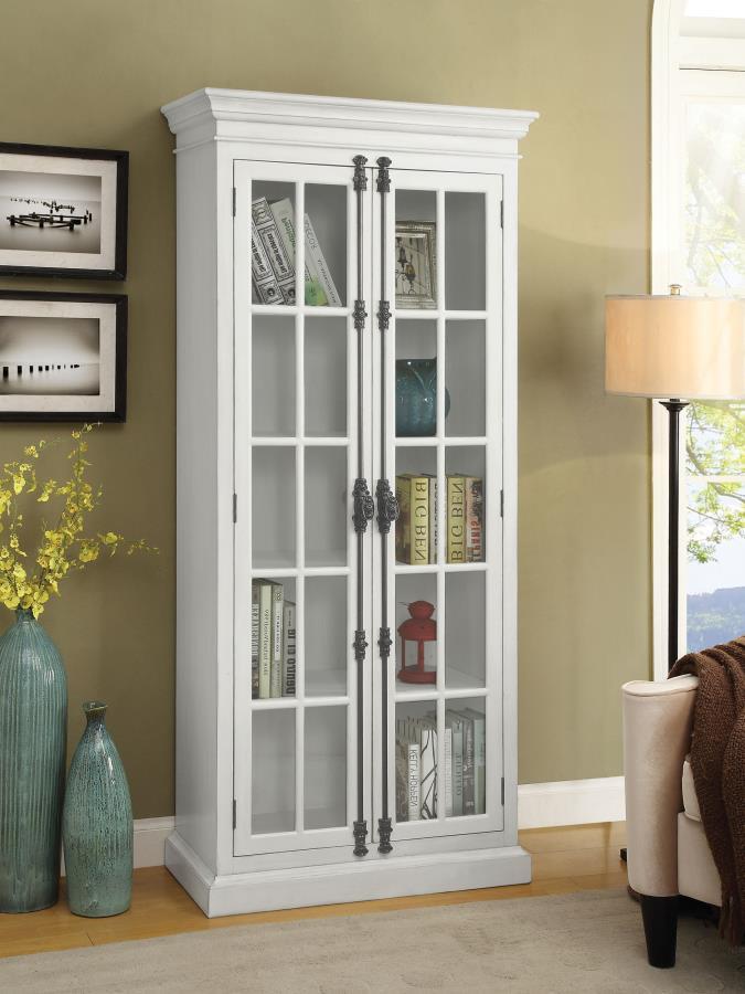 Envision a dining room graced by this tall dining cabinet, a vitrine that radiates charm with its distressed white finish, whispering tales of timeless elegance. Two glass doors unveil four shelves, ideal for displaying your cherished china. Adorned with 