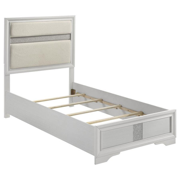 Introduce a little bit of glam flair to your bedroom with a modern upholstered bed. Featuring padded white fabric panels, the headboard is complete with molded trim and a horizontal stripe that glitters in the light. A matching vertical stripe on the low 