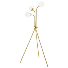 A trio of milky white globes sprout from the center of a charming mid-century modern three-light floor lamp. Delivering a warm, diffused glow in your living area or bedroom, the eye-catching lamp features a bold tripod base with a round accent from which 
