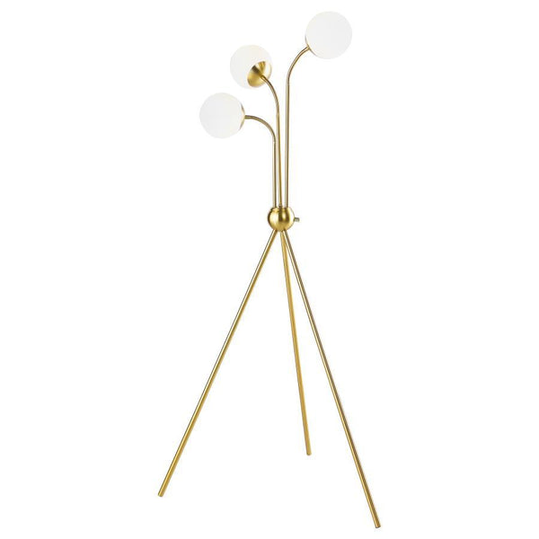 A trio of milky white globes sprout from the center of a charming mid-century modern three-light floor lamp. Delivering a warm, diffused glow in your living area or bedroom, the eye-catching lamp features a bold tripod base with a round accent from which 