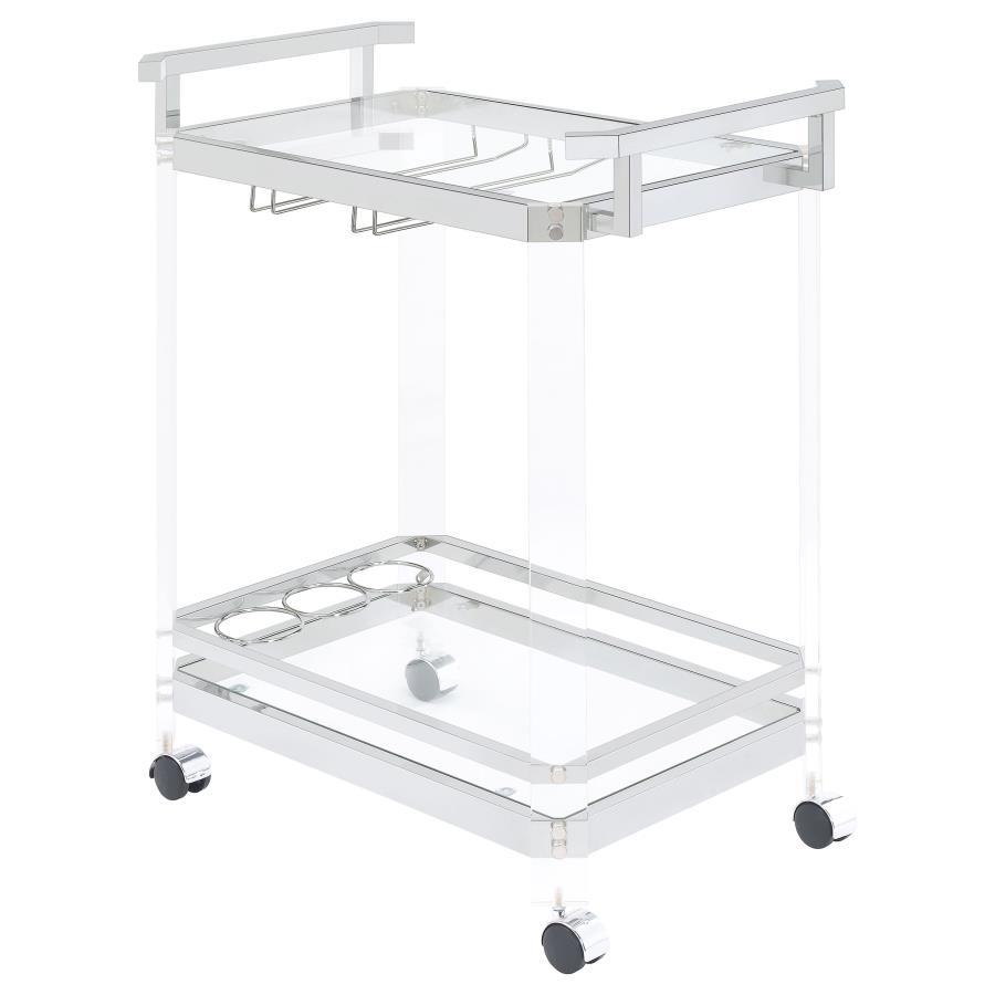 A serving cart is a delightful accoutrement for any home bar or indoor patio. This serving cart takes it to another level with an acrylic and metal frame finished in chrome. It features clear tempered glass shelves that-'s simple yet modern. Bottom shelf 