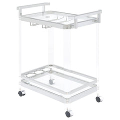 A serving cart is a delightful accoutrement for any home bar or indoor patio. This serving cart takes it to another level with an acrylic and metal frame finished in chrome. It features clear tempered glass shelves that-'s simple yet modern. Bottom shelf 