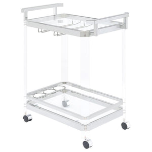 A serving cart is a delightful accoutrement for any home bar or indoor patio. This serving cart takes it to another level with an acrylic and metal frame finished in chrome. It features clear tempered glass shelves that-'s simple yet modern. Bottom shelf 