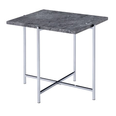 KD, Rectangular End Table â€¢ NO Storage â€¢ Features: Faux Marble Top, Metal -"X-" Shape Base (Open Base) â€¢â€¢ CONSTRUCTION â€¢â€¢ TOP) Faux Marble: Paper Veneer, MDF, Top Size: 1 inch Thick (NO Apron) â€¢ BASE) Metal -"X-" Shape: Chrome Finish, Metal 