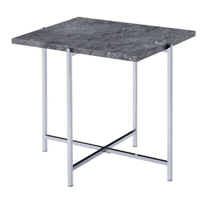 KD, Rectangular End Table â€¢ NO Storage â€¢ Features: Faux Marble Top, Metal -"X-" Shape Base (Open Base) â€¢â€¢ CONSTRUCTION â€¢â€¢ TOP) Faux Marble: Paper Veneer, MDF, Top Size: 1 inch Thick (NO Apron) â€¢ BASE) Metal -"X-" Shape: Chrome Finish, Metal 