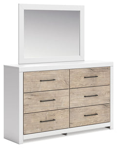 Relaxed yet striking, this dresser with mirror brings casual beauty and function to your dream destination. The dresser-'s delightful two-tone treatment blends a fresh replicated oak grain with a matte white finish. You-'ll look fabulous in the unadorned 