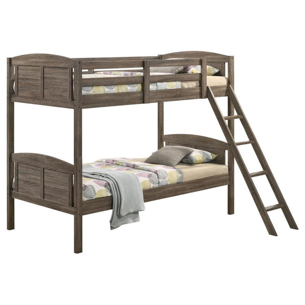  perfect for compact bedrooms and shared sibling spaces. A weathered brown finish lends a neutral hue to transform a space into a serene